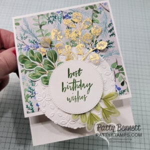 Winter Meadow Stampin Up! birthday card featuring Golden Greenery die cuts and Eyelet embossing folder by Patty Bennett