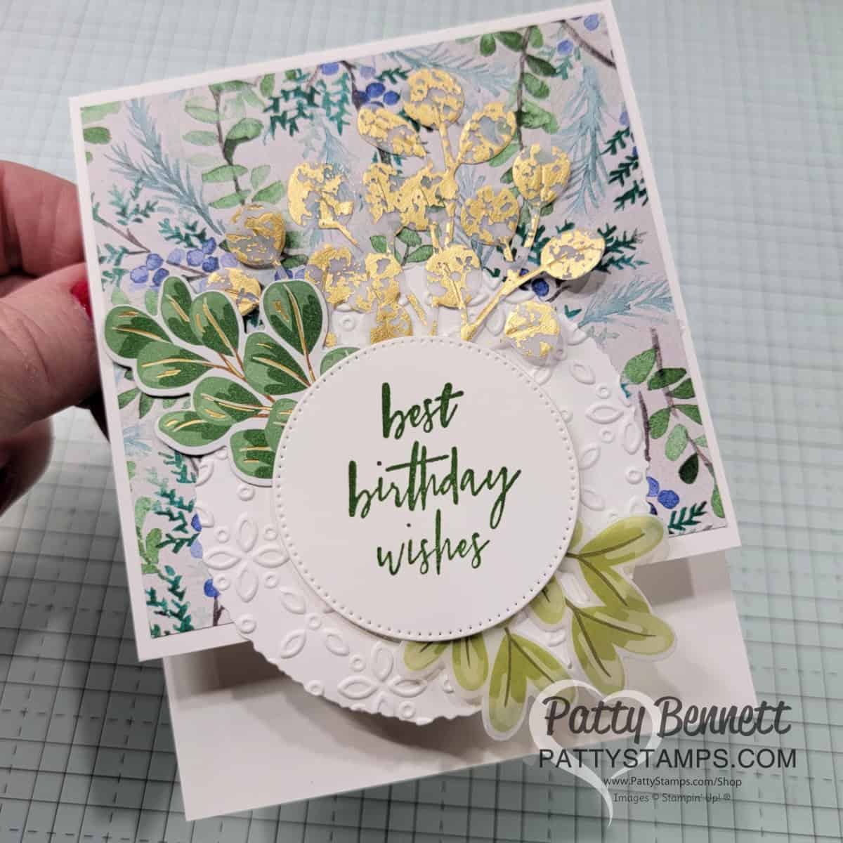 Winter Meadow Stampin Up! birthday card featuring Golden Greenery die cuts and Eyelet embossing folder by Patty Bennett
