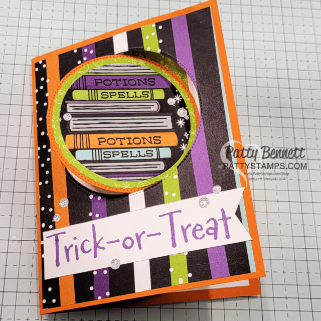 Circle Flip fun fold card with Stampin' Up! Halloween Spells patterned paper