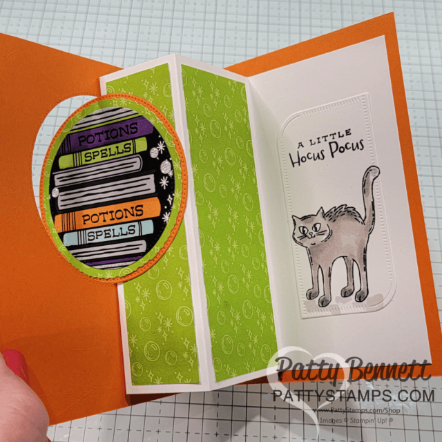 Circle Flip fun fold card with Stampin' Up! Halloween Spells patterned paper