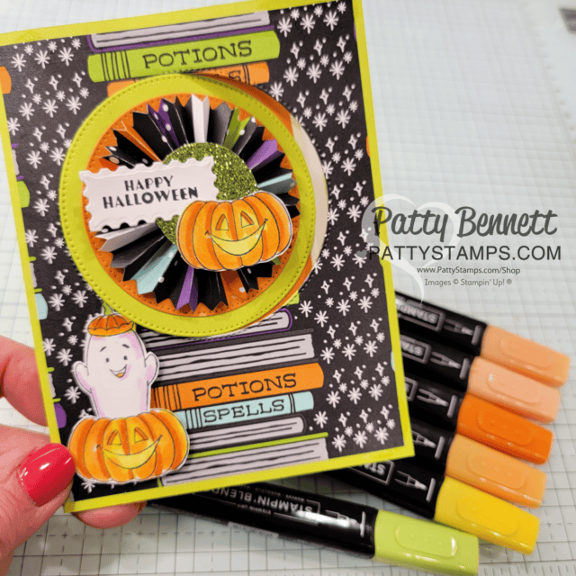 Circle Flip fun fold card with Stampin' Up! Halloween Spells patterned paper and rosette from Round we Go dies