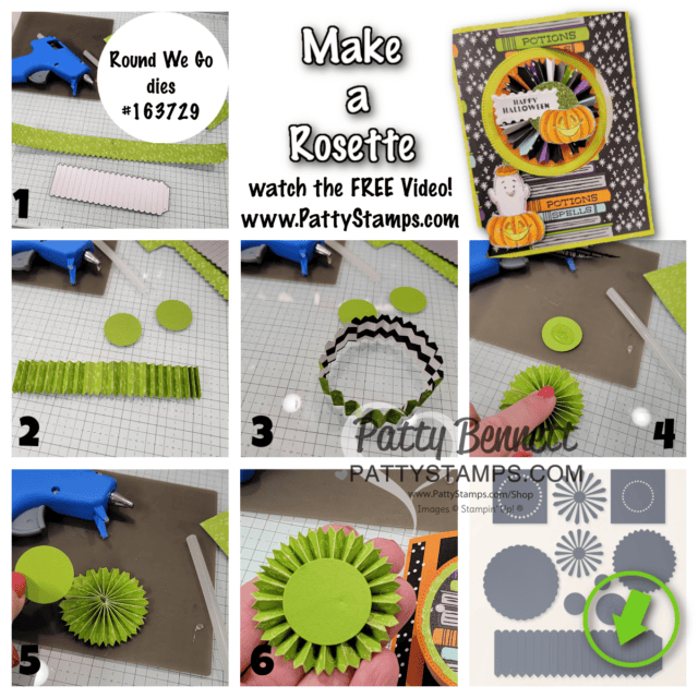 Circle Flip fun fold card with Stampin' Up! Halloween Spells patterned paper and rosette from Round we Go dies