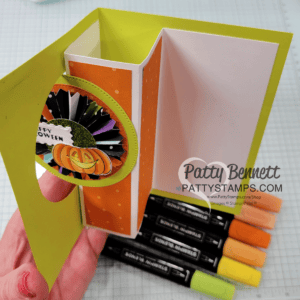 Circle Flip fun fold card with Stampin' Up! Halloween Spells patterned paper and rosette from Round we Go dies