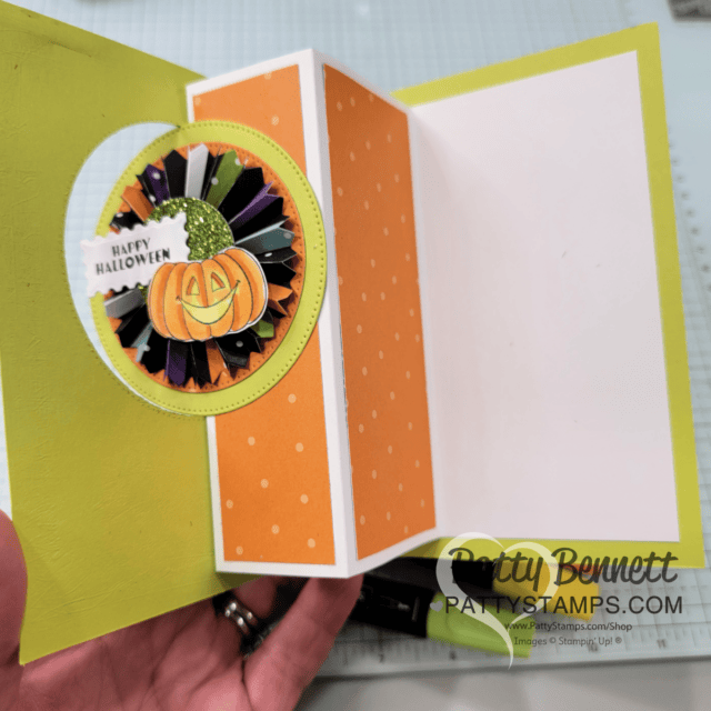 Circle Flip fun fold card with Stampin' Up! Halloween Spells patterned paper and rosette from Round we Go dies