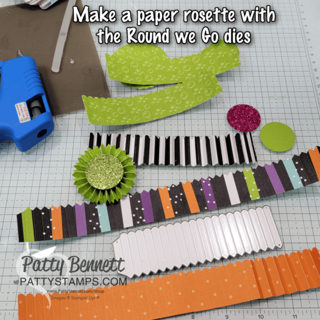 Circle Flip fun fold card with Stampin' Up! Halloween Spells patterned paper and rosette from Round we Go dies