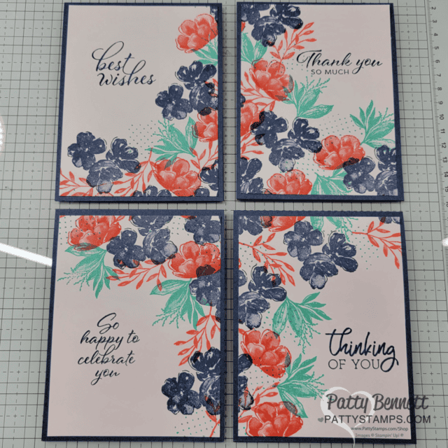 How to make 4 Corner Card stamping technique with Stampin' UP! Regal Flora flower stamps. Video tutorial by Patty Bennett