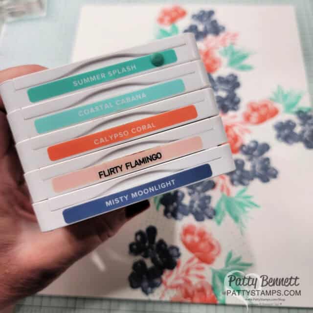 Color combo for 4 Corner Card stamping technique with Stampin' UP! Regal Flora flower stamps. Video tutorial by Patty Bennett