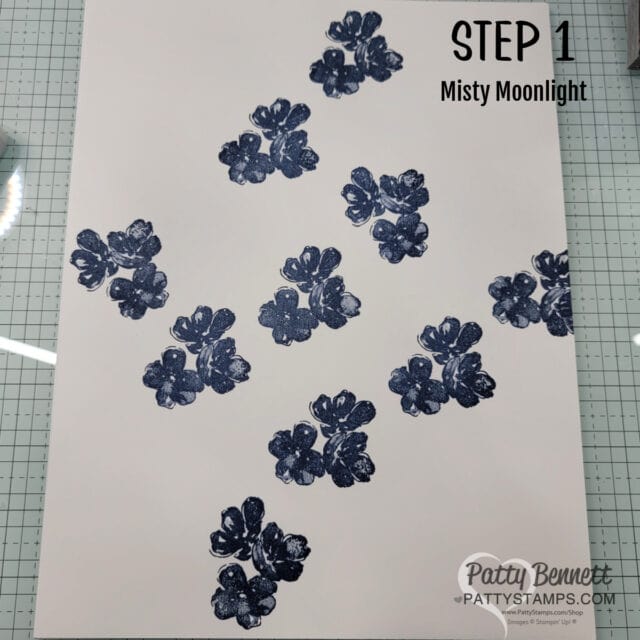 How to make 4 Corner Card stamping technique with Stampin' UP! Regal Flora flower stamps. Video tutorial by Patty Bennett