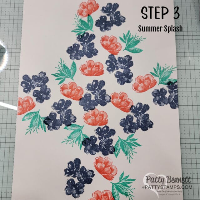 How to make 4 Corner Card stamping technique with Stampin' UP! Regal Flora flower stamps. Video tutorial by Patty Bennett