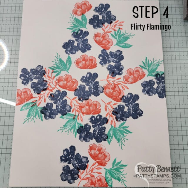 How to make 4 Corner Card stamping technique with Stampin' UP! Regal Flora flower stamps. Video tutorial by Patty Bennett