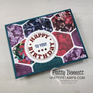 Use the Heartfelt Hexagon Stampin Up! punch and Regal Winter DSP to make a beautiful birthday card