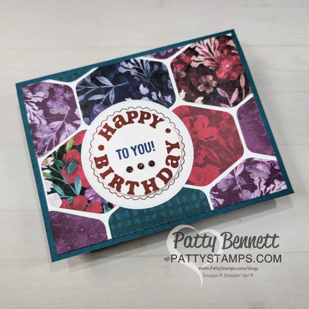 Use the Heartfelt Hexagon Stampin Up! punch and Regal Winter DSP to make a beautiful birthday card