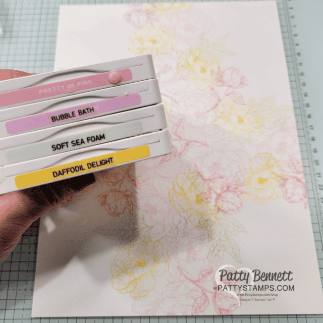 Color Combo for 4 corner card making technique with Stampin' UP! Secret Garden stamp set. Video with Patty Bennett