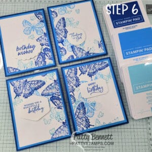 Step 6, 4 Corner Cards featuring Stampin' Up! Sketched Butterflies stamp set and 3 shades of blue. Video tutorial by Patty Bennett