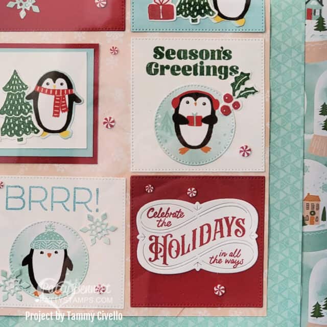 Stampin Up! Snowy Scenes 12x12 Christmas penguin sampler with Christmas labels dies