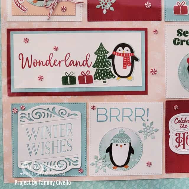 Stampin Up! Snowy Scenes 12x12 Christmas penguin sampler with Christmas labels dies