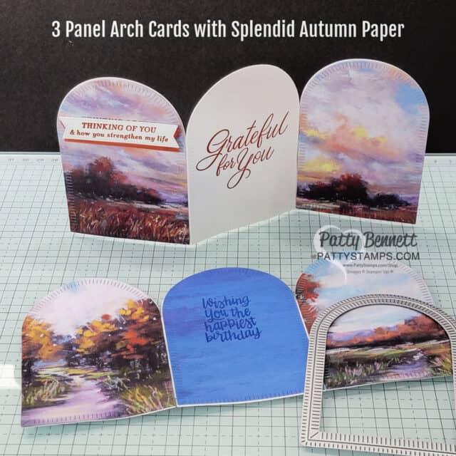 Stampin Up! Splendid Autumn paper 3 panel arch cards with Autumn Expressions stamp set by Patty Bennett
