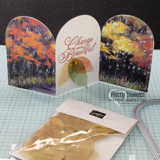 Stampin Up! Splendid Autumn paper 3 panel arch cards with Autumn Expressions stamp set by Patty Bennett. Pair with Woven Golden leaves colored with Stampin' Blends.