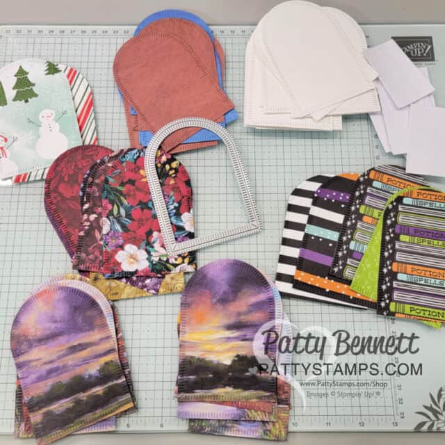 Start with your papercrafting supplies. Stampin Up! Splendid Autumn paper 3 panel arch cards with Autumn Expressions stamp set by Patty Bennett