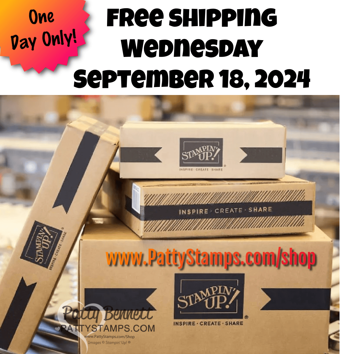 One Day Free Shipping offer from Stampin' Up! on orders of $75 or more Sept 18, 2024