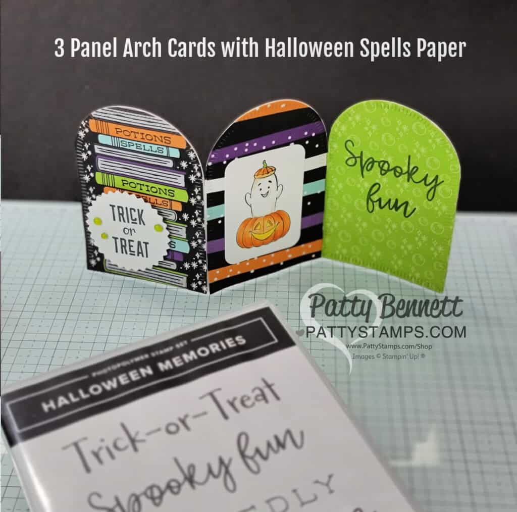 Triple arch card - 3 panel card with Garden Meadow die cut and Halloween Spells designer paper by Patty Bennett