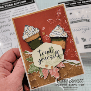Stampin Up! More than Autumn fall coffee gift card holder with Two Tone cardstock embossed with Leaf Fall and sanded. by Patty Bennett