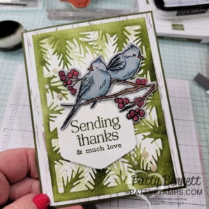 Stampin Up! Winterly Treetops bundle - use the frame die cut as a mask or stencil on your card with Blending Brushes and ink.