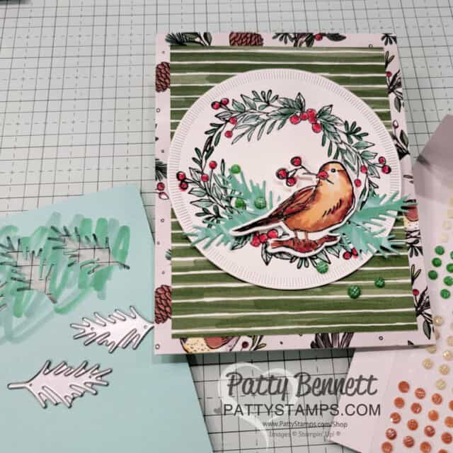 new! Stampin UP Winterly Treetops bundle and Nests of Winter designer paper card by Patty Bennett