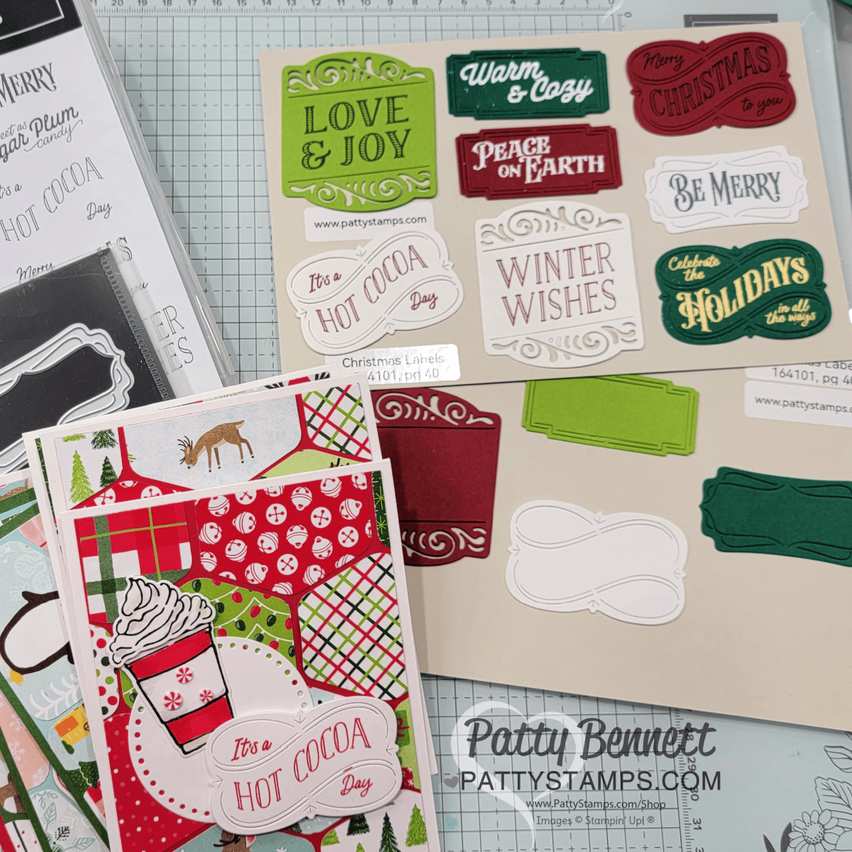 Handmade card with the Stampin Up! Christmas Labels dies, Hexagon punch and Reindeer Days patterned paper by Patty Bennett