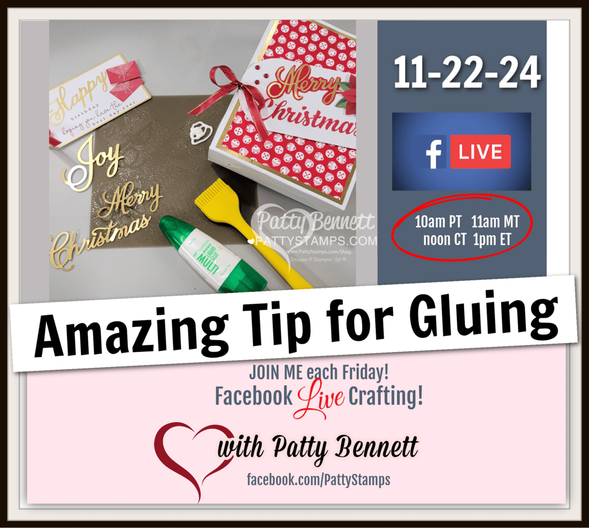 Amazing gluing tip for detailed images and die cuts like the Stampin' UP! Joyful Sayings Ephemera pack - live weekly video with Patty Bennett