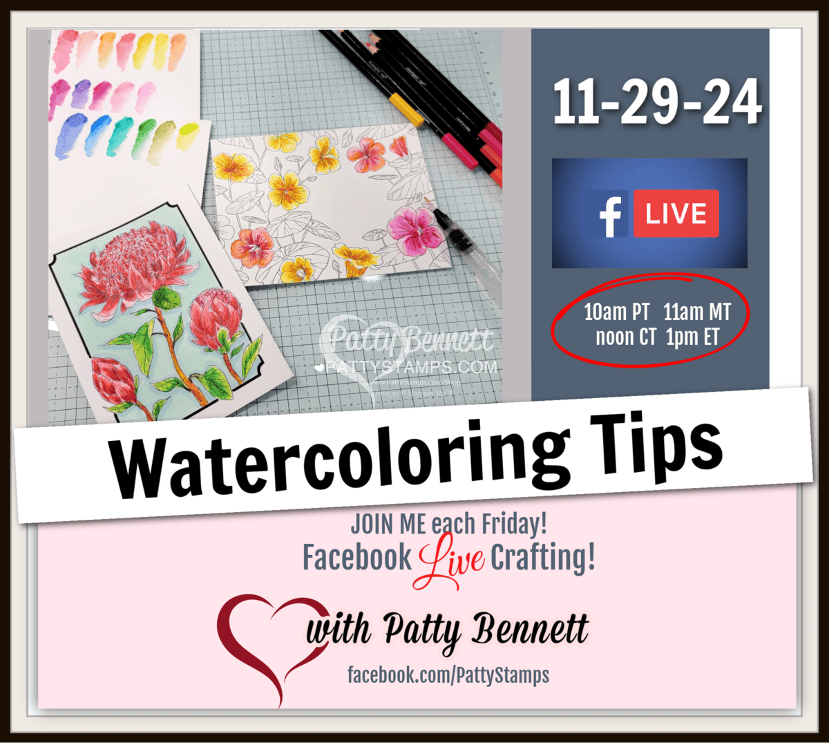 Watercoloring tips live video with Patty Bennett using the Stampin' Up! Nature's Paintings kit, watercolor pencils and water painter