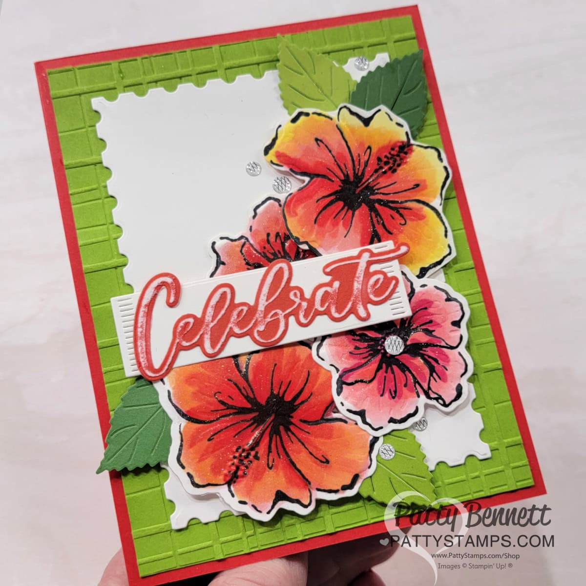 Stampin Up! Happy Hibisucs card with Plaid Embossed background colored with Stampin' Blends markers by Patty Bennett