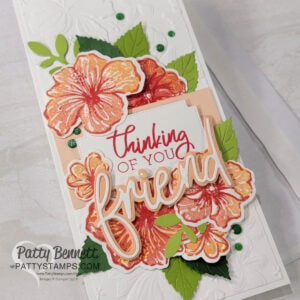 Stampin UP! Happy Hibiscus stamp set and hybrid embossing folder, slimline card with embossed background by Patty Bennett