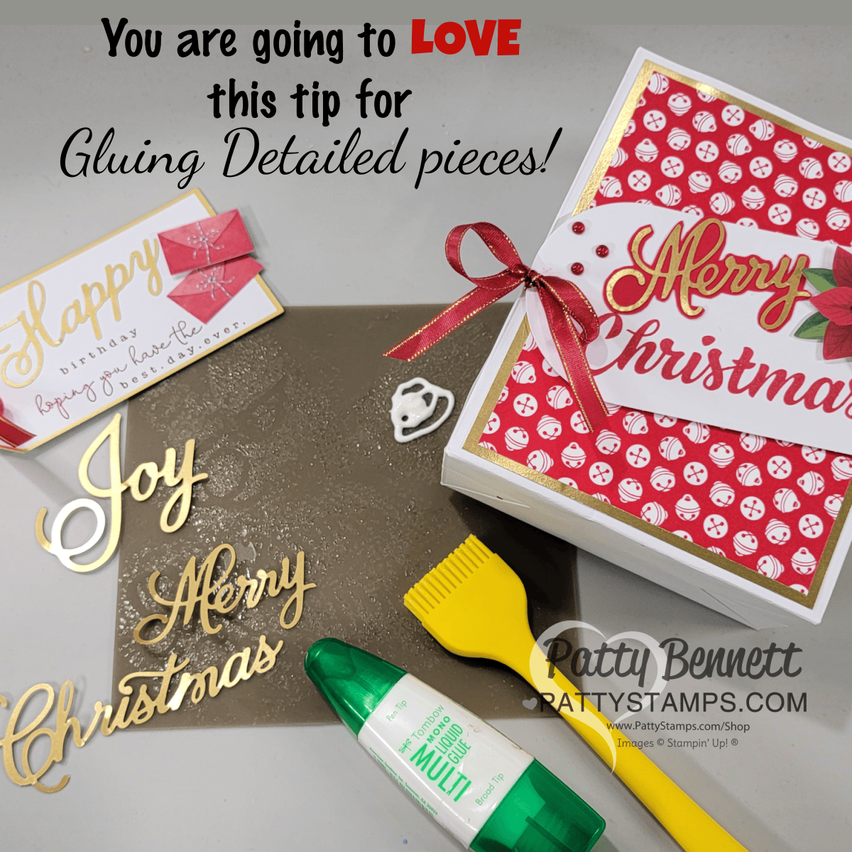 Amazing gluing tip for delicate die cut pieces from the Stampin' UP! Joyful Sayings ephemera set, using silicone brush and multipurpose glue.