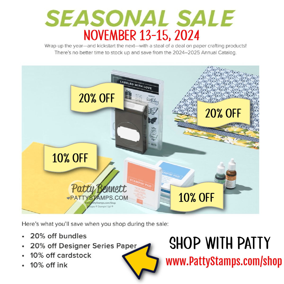 Stampin' Up! seasonal sale Nov 2024 bundles, ink, refills, cardstock and designer paper on sale www.pattystamps.com/shop
