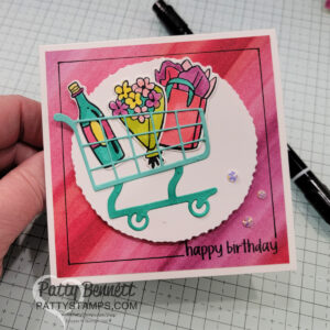Attention Shoppers square card idea with gift card pocket. Coloring with Stampin' Blends markers, by Patty Bennett