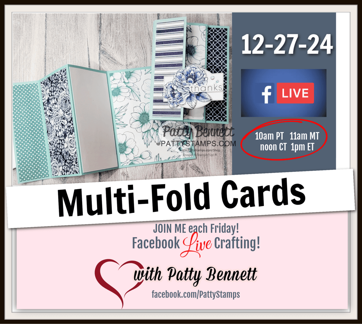 Live card making video featuring Stampin' Up! Serene Love designer patterned paper and coloring with a Blender Pen and ink pad with Patty Bennett