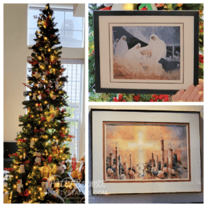 Bennett family penguin Christmas tree and 2 watercolor paintings for Christmas from Jim Burns