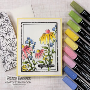 Mixed Media Floral card featuring Stampin' Blend marker coloring by Patty Bennett