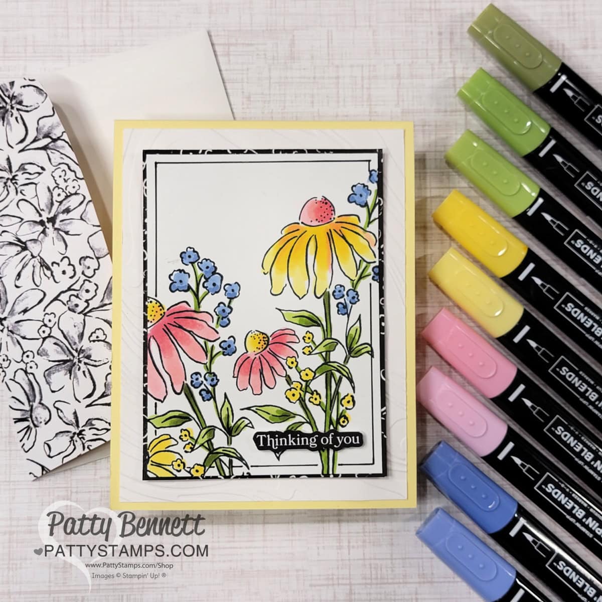 Mixed Media Floral card featuring Stampin' Blend marker coloring by Patty Bennett