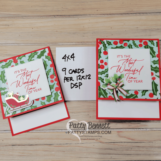 Paper cutting tip video for card making using 12x12 designer patterned paper to make 9 cards, by Patty Bennett