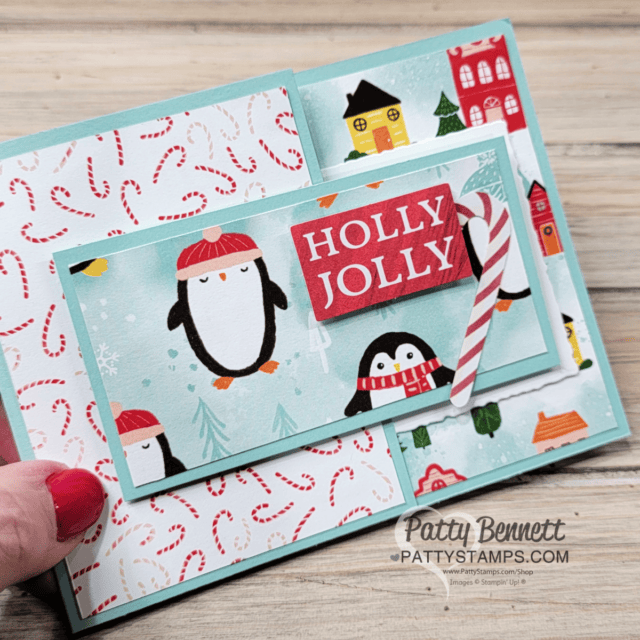 Flap card paper cutting tips featuring Stampin' Up! Snowy Scenes 12x12 patterned paper to make Christmas cards. By Patty Bennett