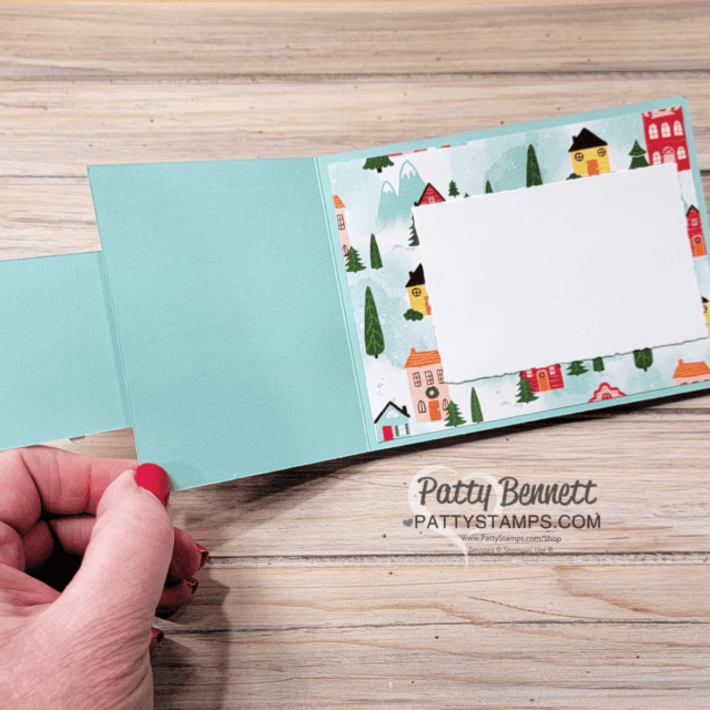 Flap card paper cutting tips featuring Stampin' Up! Snowy Scenes 12x12 patterned paper to make Christmas cards. By Patty Bennett