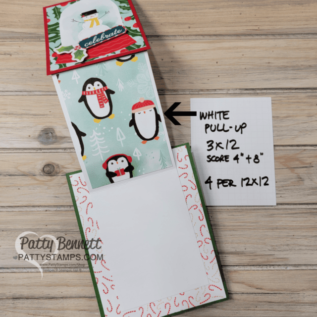 Paper Cutting Tips for a Christmas Pull Up card featuring Stampin' Up! Snowy Scenes designer paper, by Patty Bennett