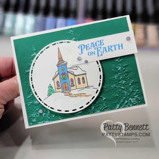 Yuletide Village card idea featuring Stampin' UP! stamp set,  and Spotlight on Nature dies, and Painted Trees embossing folder by Patty Bennett