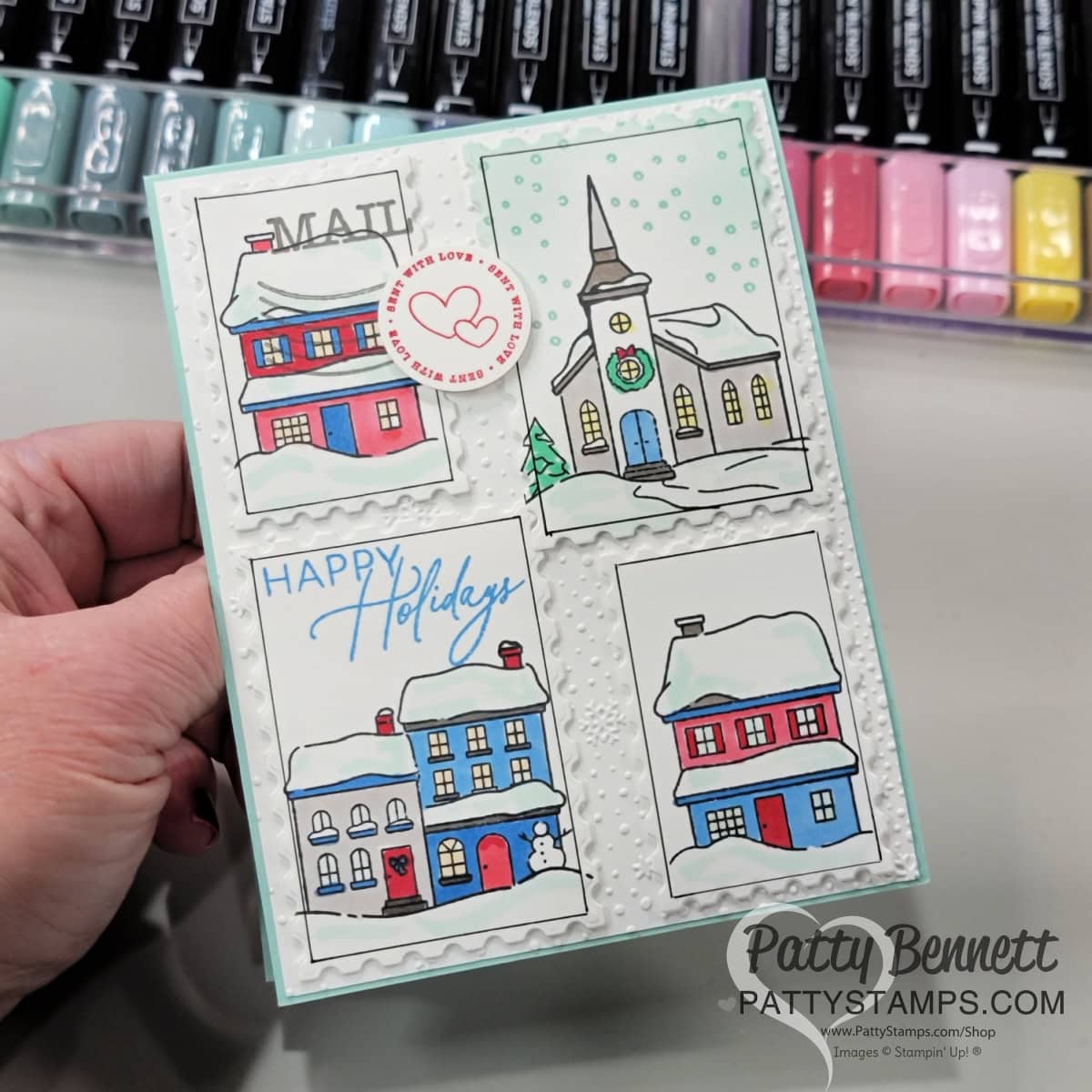 Yuletide Village card idea featuring Stampin' UP! stamp set and Perennial Postage dies, by Patty Bennett