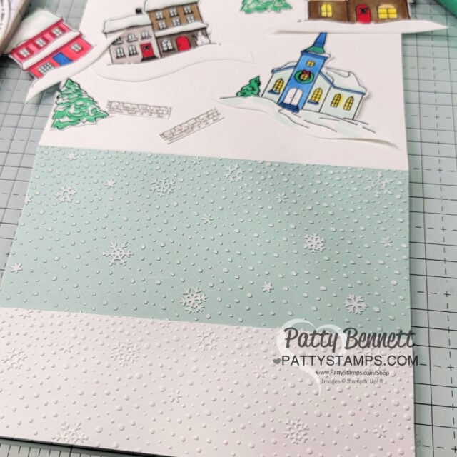 Yuletide Village card idea featuring Stampin' UP! stamp set and Snowflake Sky embossing folder, by Patty Bennett