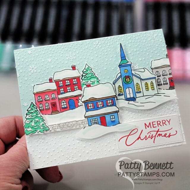 Yuletide Village card idea featuring Stampin' UP! stamp set and Snowflake Sky embossing folder, by Patty Bennett