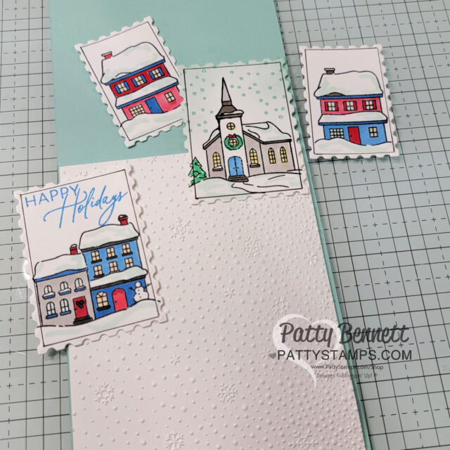 Yuletide Village card idea featuring Stampin' UP! stamp set and Perennial Postage dies, by Patty Bennett