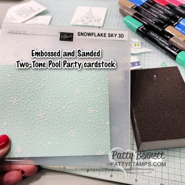 Yuletide Village card idea featuring Stampin' UP! stamp set and Snowflake Sky embossing folder, by Patty Bennett
